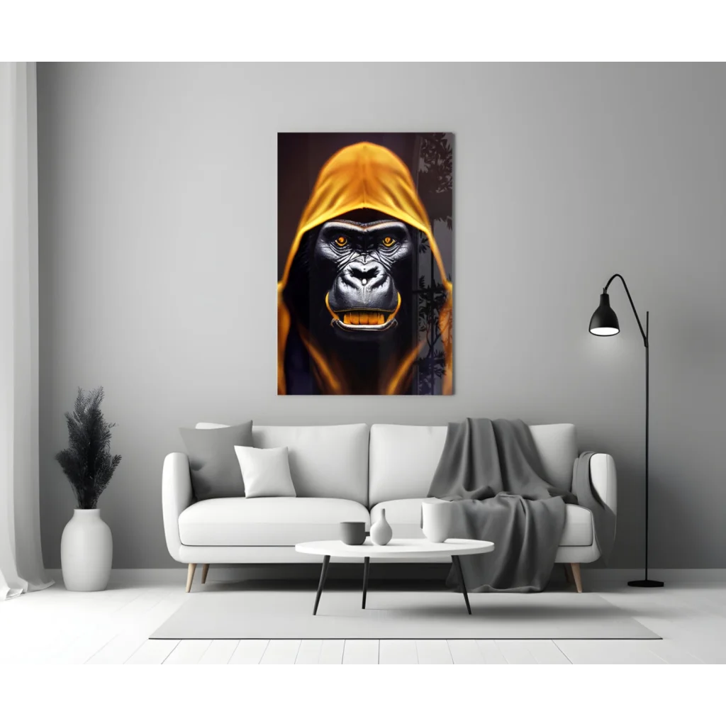 Gorilla in Yellow Hood Glass Wall Art with Glowing Orange Eyes | Modern Wall Art Decor | vintageantiquesgifts.com