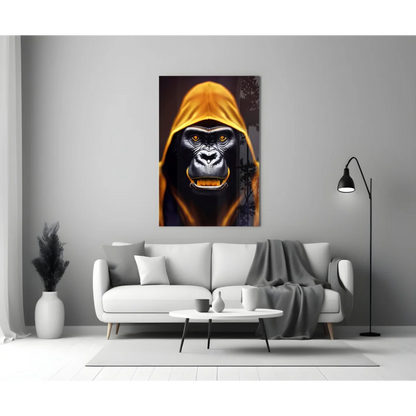 Gorilla in Yellow Hood Glass Wall Art with Glowing Orange Eyes | Modern Wall Art Decor | vintageantiquesgifts.com