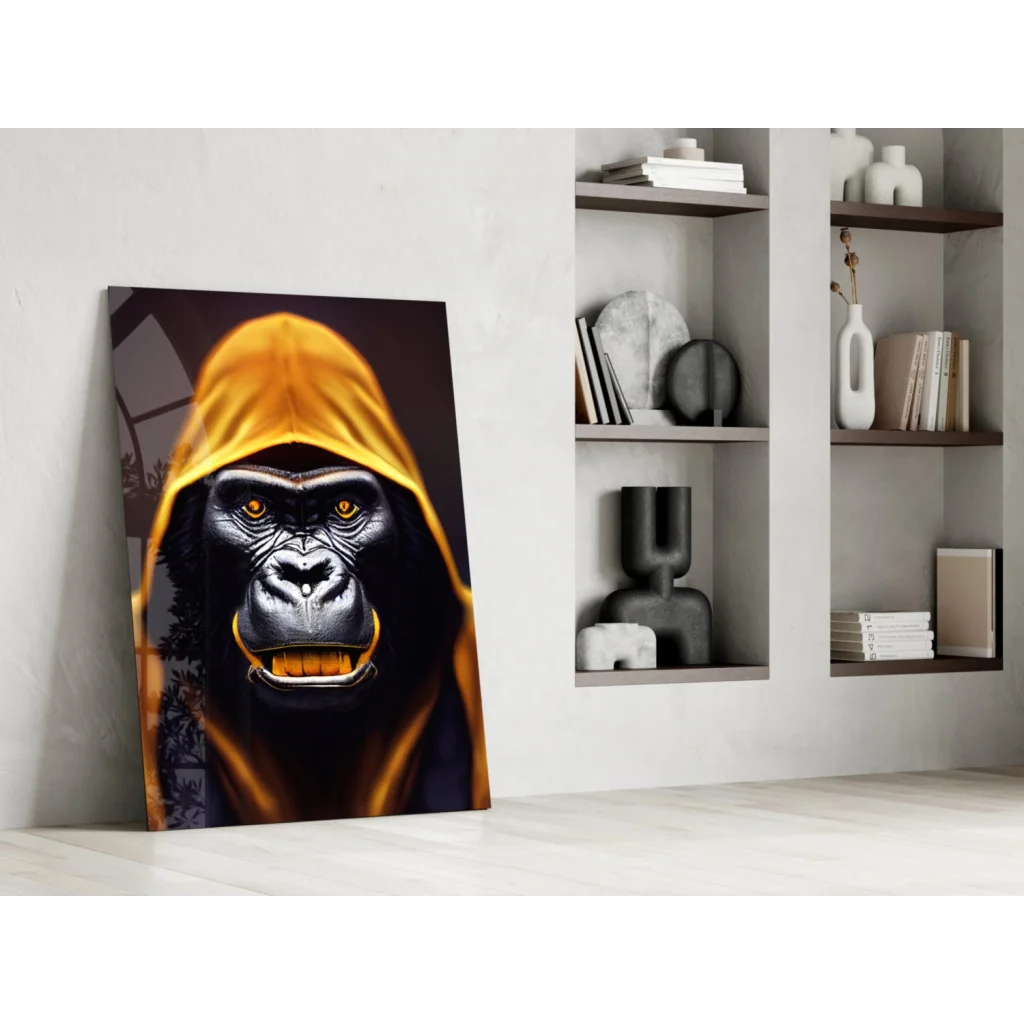 Vibrant yellow hooded gorilla glass wall art with glowing orange eyes