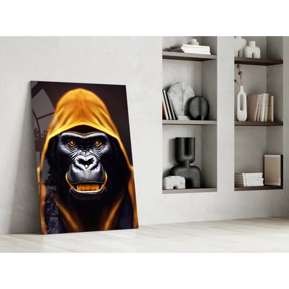 Vibrant yellow hooded gorilla glass wall art with glowing orange eyes