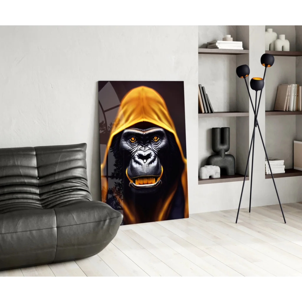 Vibrant yellow hooded gorilla glass wall art with glowing orange eyes