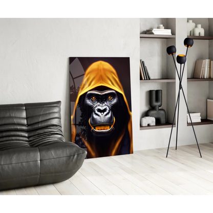 Vibrant yellow hooded gorilla glass wall art with glowing orange eyes