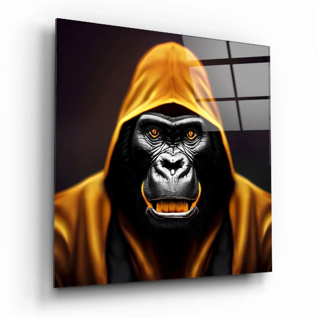 Fierce Gorilla Glass Wall Art with Glowing Golden Hood | Insigneart USA | vintageantiquesgifts.com