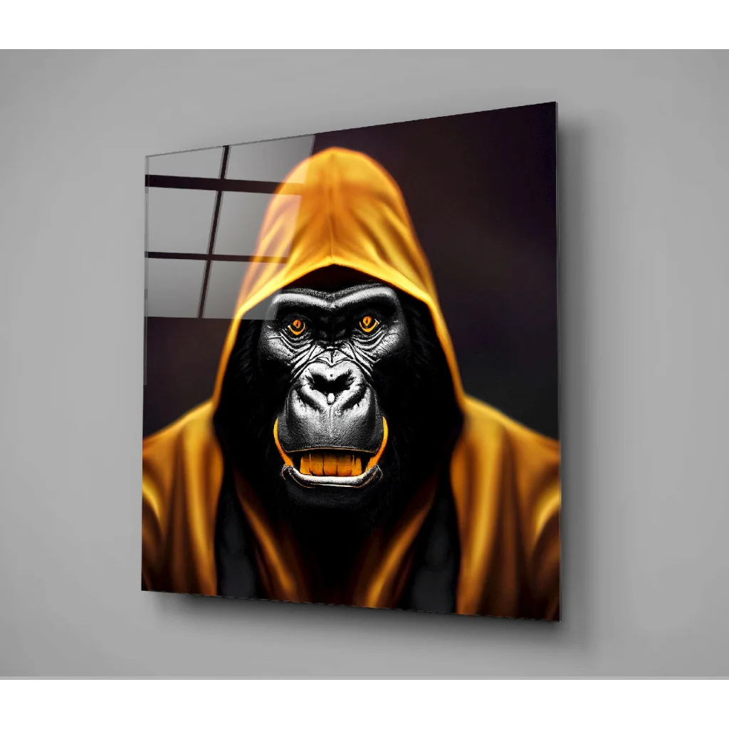 Fierce Gorilla Glass Wall Art with Glowing Golden Hood | Glass Wall Art Print | vintageantiquesgifts.com