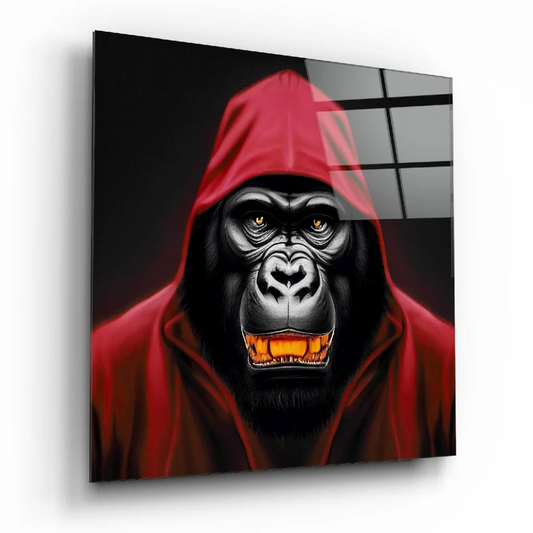 Red gorilla glass wall art with glowing eyes portrait