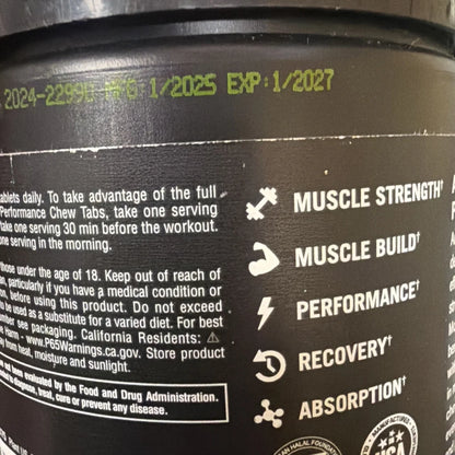 Animal Creatine Chews Tablets back: black cylinder with green white performance text