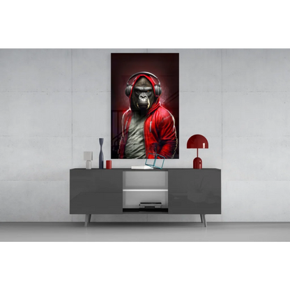 DJ Gorilla canvas wall art in red hoodie with headphones