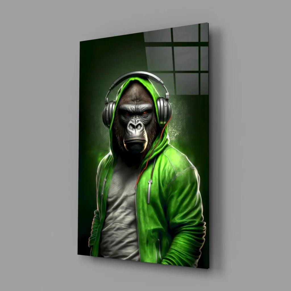 Anthropomorphic gorilla in vibrant green hoodie wearing silver headphones on glass wall art