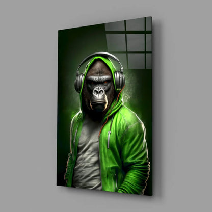 Anthropomorphic gorilla in vibrant green hoodie wearing silver headphones on glass wall art