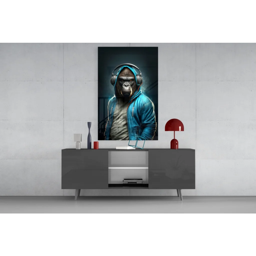Gorilla in headphones and blue hoodie canvas wall art print