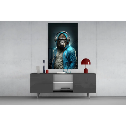 Gorilla in headphones and blue hoodie canvas wall art print