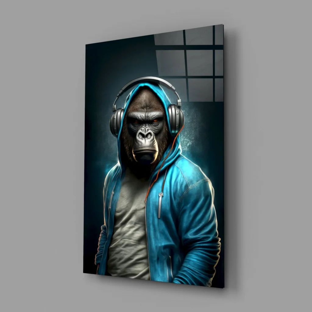 Gorilla Headphones Blue Hoodie Canvas Wall Art Print | Glass Wall Art Print | vintageantiquesgifts.com