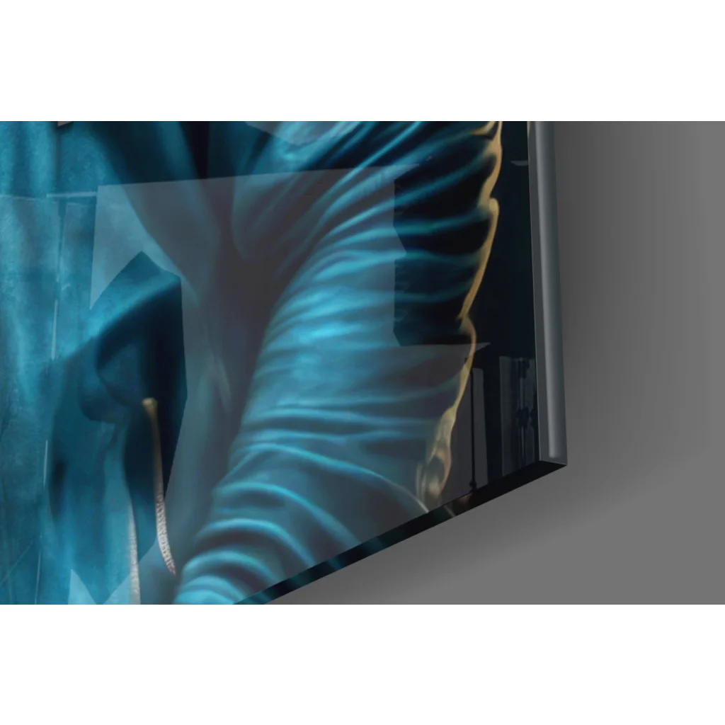 Sleek modern TV in silver frame displays vibrant blue Gorilla Headphones wall art