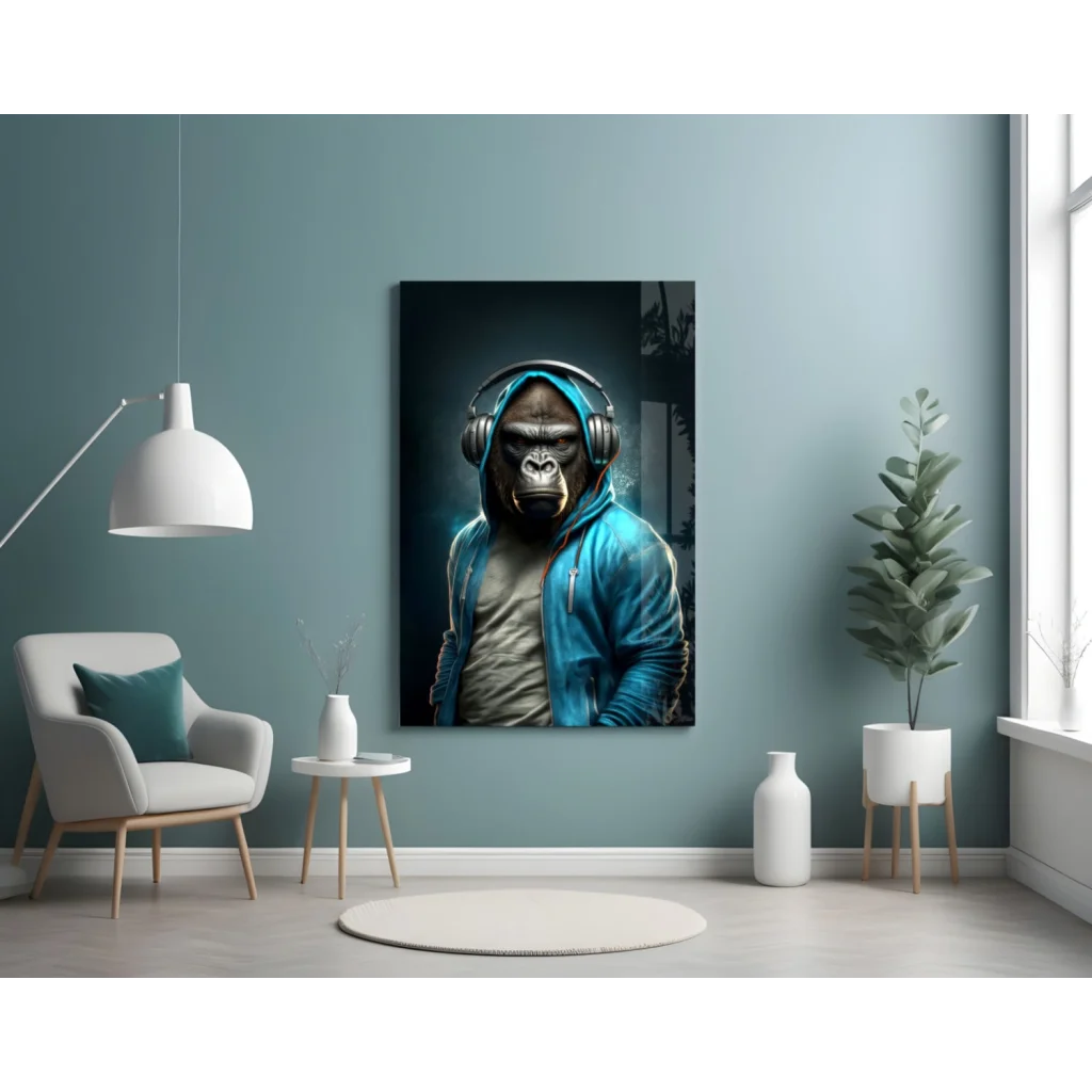 Gorilla Headphones Blue Hoodie Canvas Wall Art Print | Contemporary Home Wall Art | vintageantiquesgifts.com
