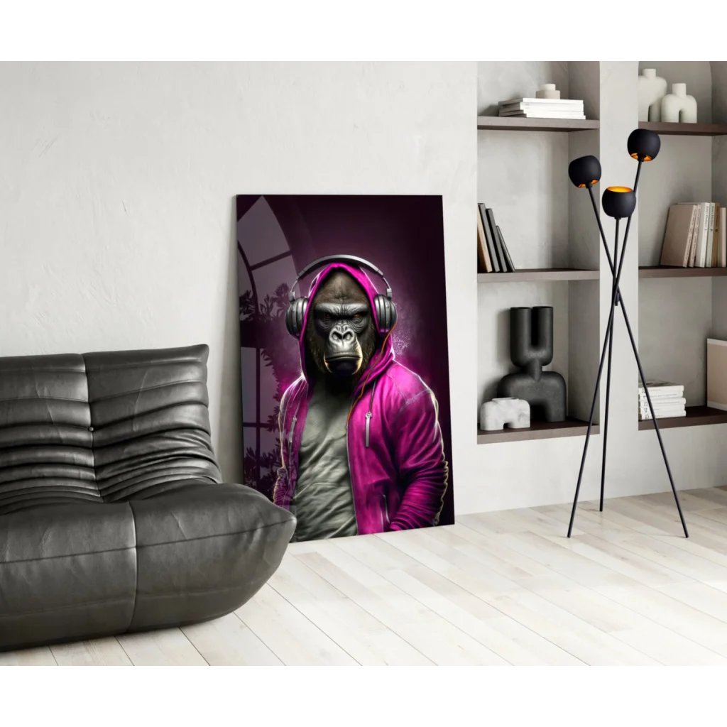Vibrant pink hoodie gorilla with metallic headphones canvas wall art print