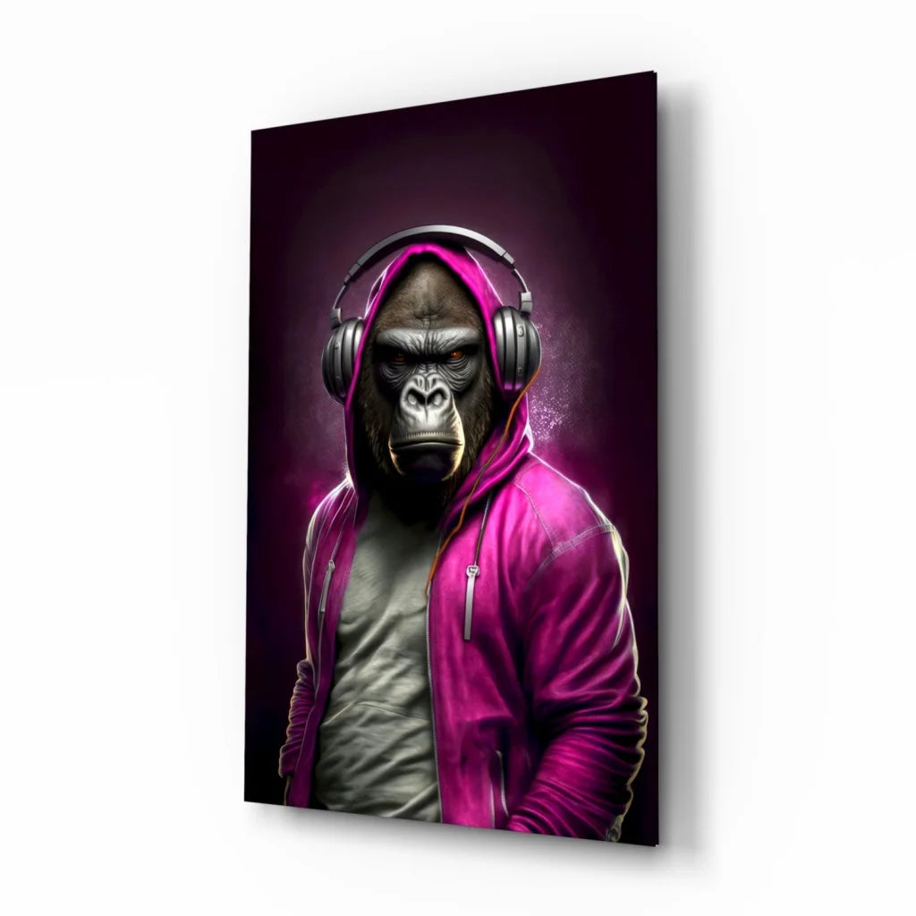 Vibrant magenta gorilla hoodie with headphones wall art print