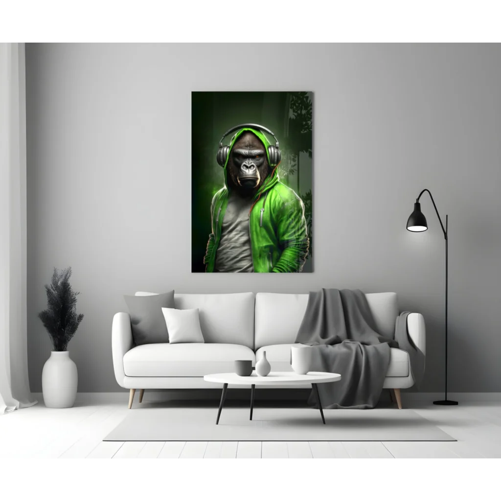Vibrant green gorilla headphones glass wall art on canvas