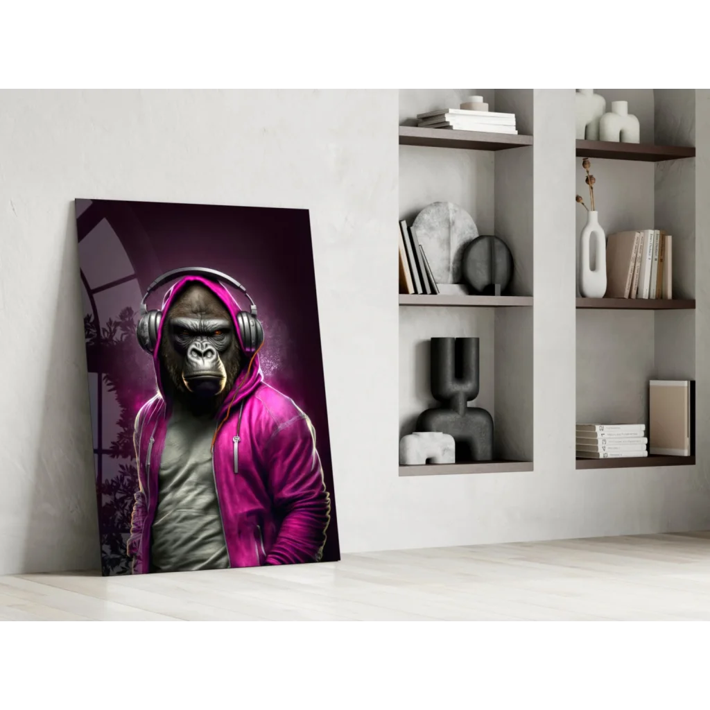 Vibrant gorilla in pink headphones and hoodie wall art canvas print