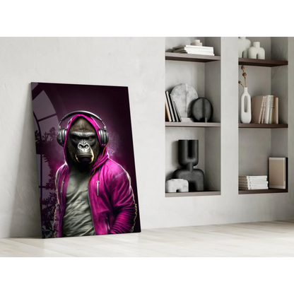 Vibrant gorilla in pink headphones and hoodie wall art canvas print