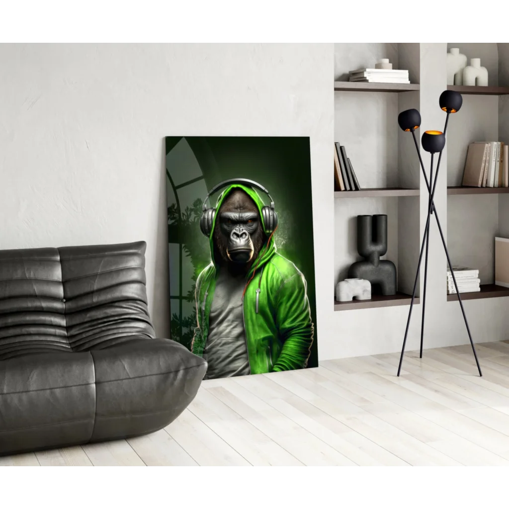 Vibrant green gorilla in headphones on glass wall art