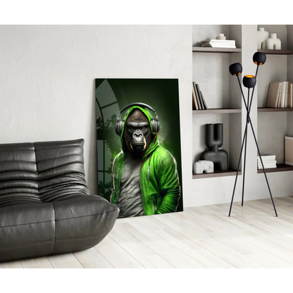 Vibrant green gorilla in headphones on glass wall art