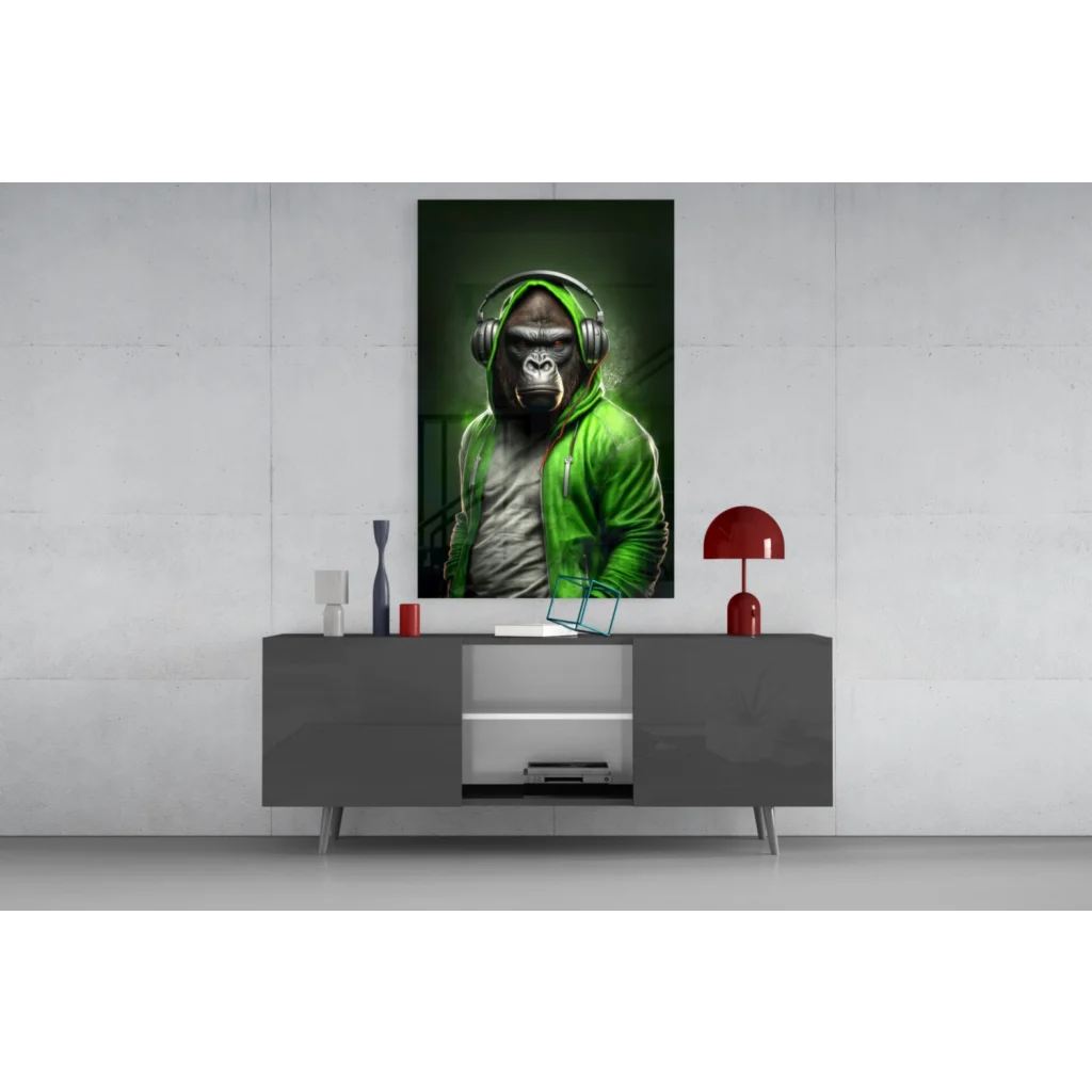 Vibrant green gorilla with headphones in glass wall art