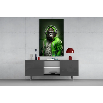 Vibrant green gorilla with headphones in glass wall art