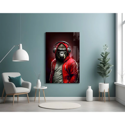DJ Gorilla Canvas Wall Art in Red Hoodie with Headphones | Contemporary Home Wall Art | vintageantiquesgifts.com
