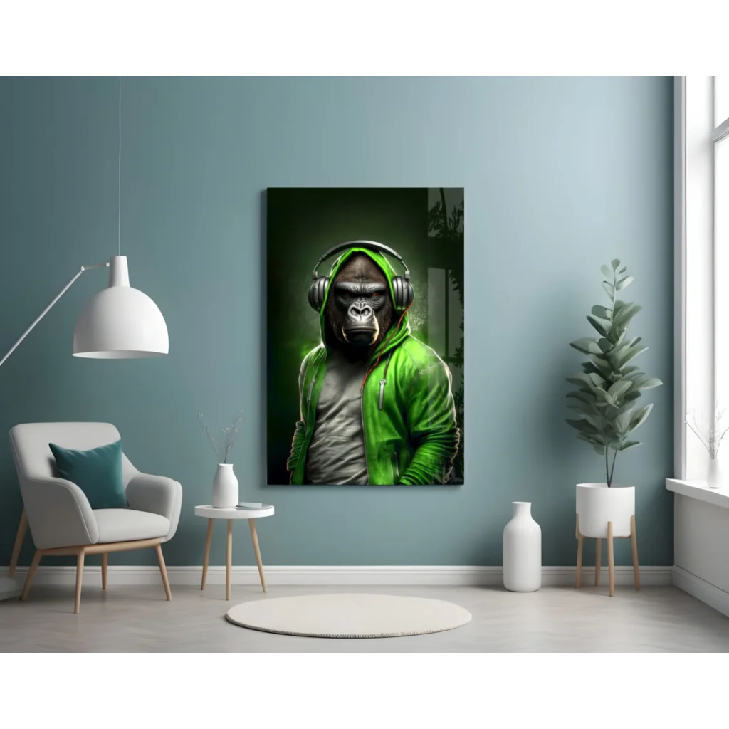 Vibrant green gorilla with headphones glass wall art print