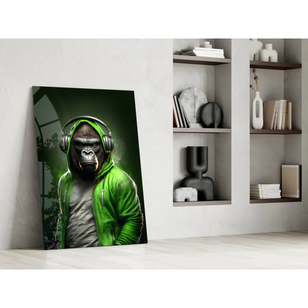 Vibrant green gorilla with headphones on glass wall art