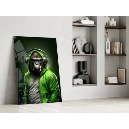 Vibrant green gorilla with headphones on glass wall art
