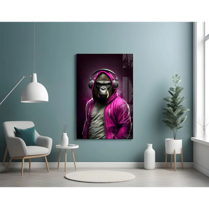 Vibrant gorilla in pink headphones and hoodie wall art canvas print