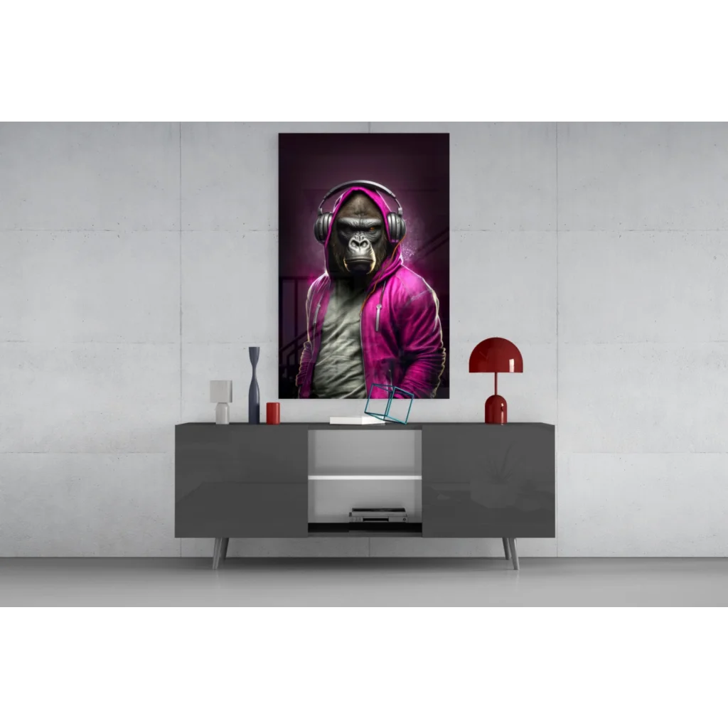 Vibrant pink hoodie gorilla with metallic headphones canvas wall art print
