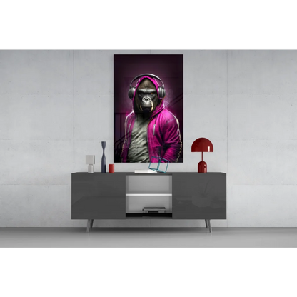 Vibrant pink hoodie gorilla with metallic headphones canvas wall art print