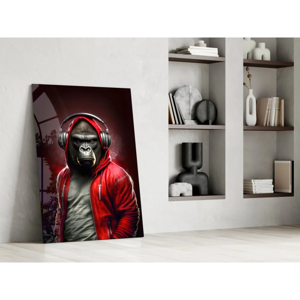 DJ Gorilla canvas wall art: red hoodie gorilla with headphones on dark background