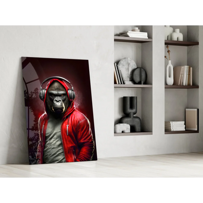 DJ Gorilla canvas wall art: red hoodie gorilla with headphones on dark background