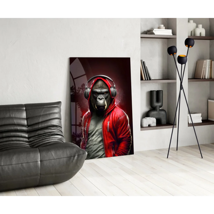 Vibrant red hoodie gorilla DJ wall art canvas print with headphones