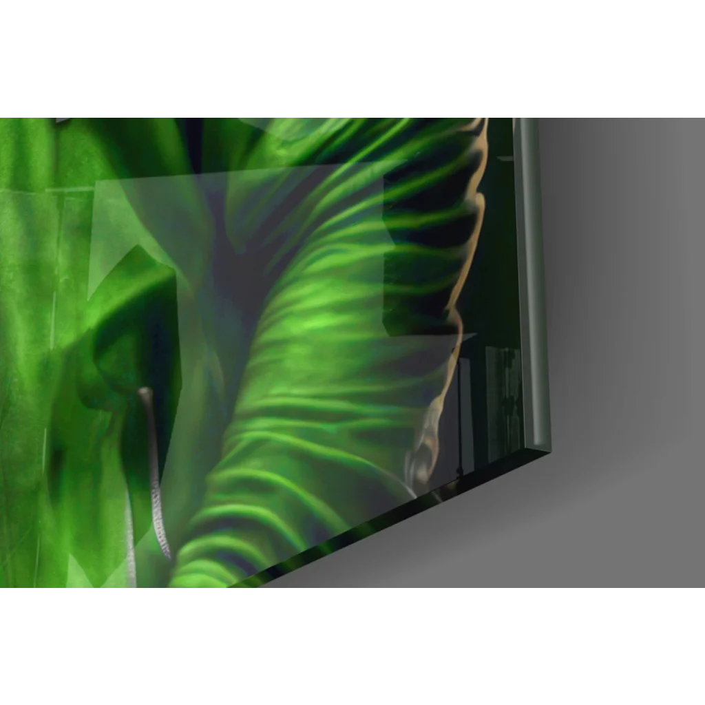 Vibrant green leaf pattern on Gorilla Headphones Glass Wall Art