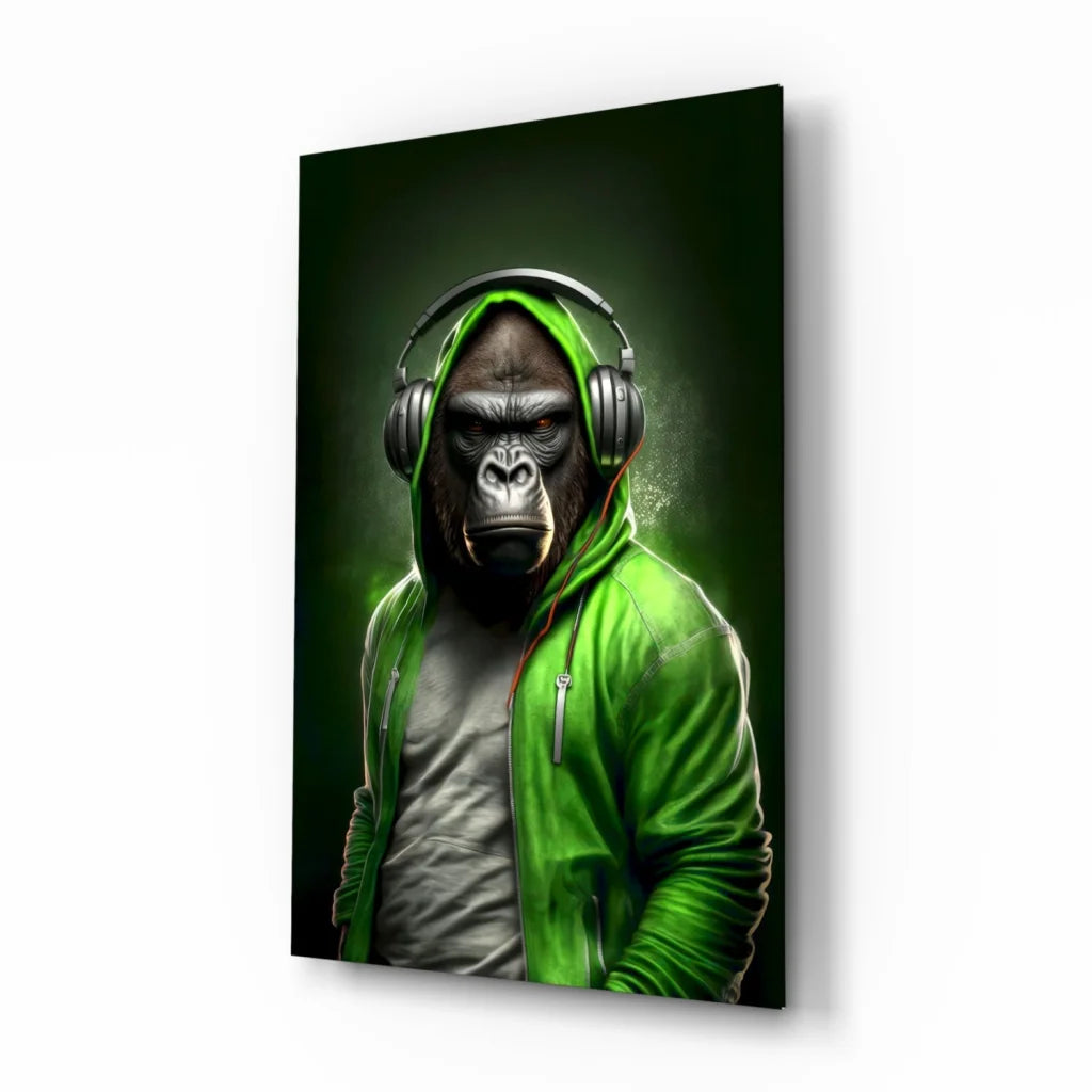 Vibrant green gorilla with headphones glass wall art