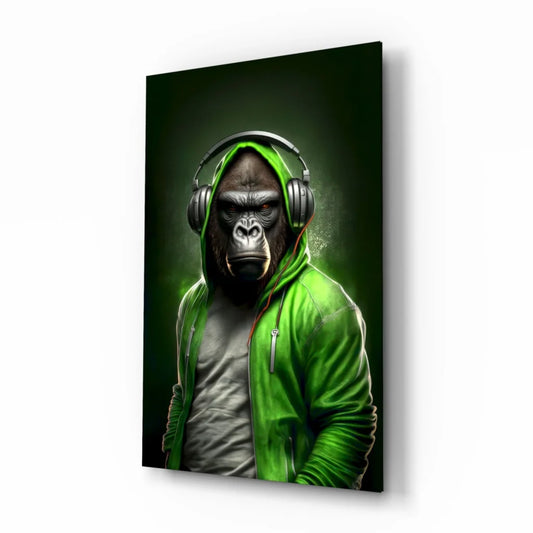 Vibrant green gorilla with headphones glass wall art