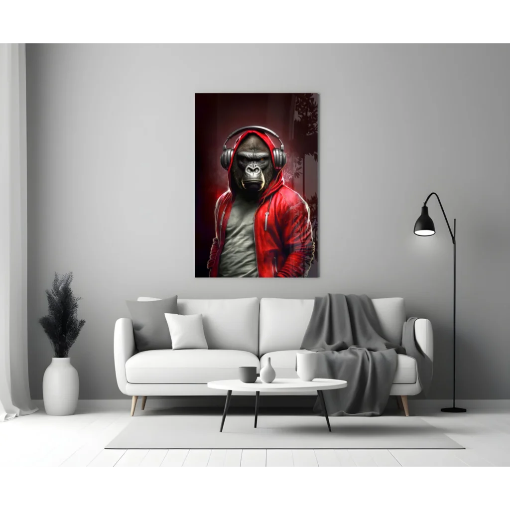 DJ Gorilla Canvas Wall Art in Red Hoodie with Headphones | Modern Wall Art Decor | vintageantiquesgifts.com