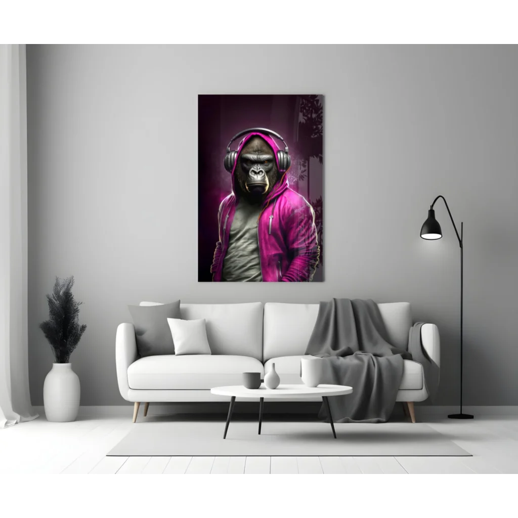 Vibrant gorilla in pink hoodie with headphones wall art canvas print