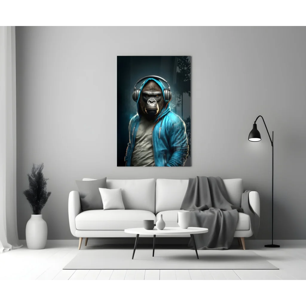 Gorilla Headphones Blue Hoodie Canvas Wall Art Print | Modern Wall Art Decor | vintageantiquesgifts.com
