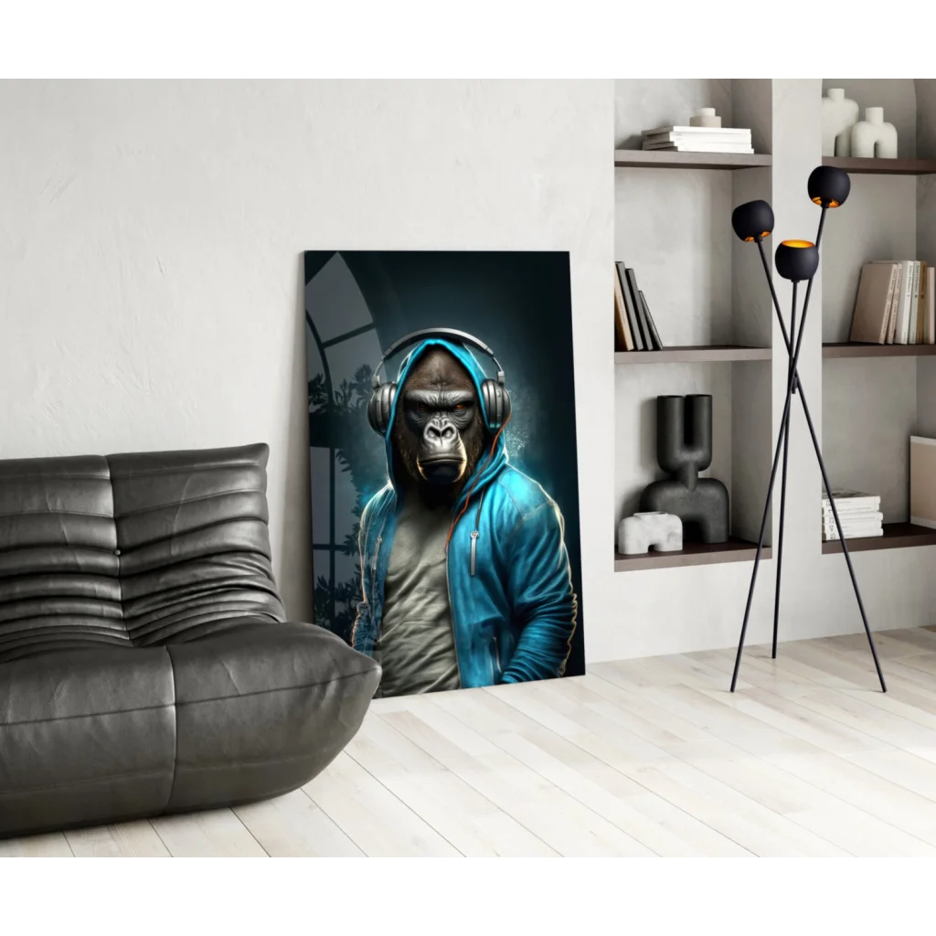 Vibrant blue hoodie gorilla portrait canvas wall art print
