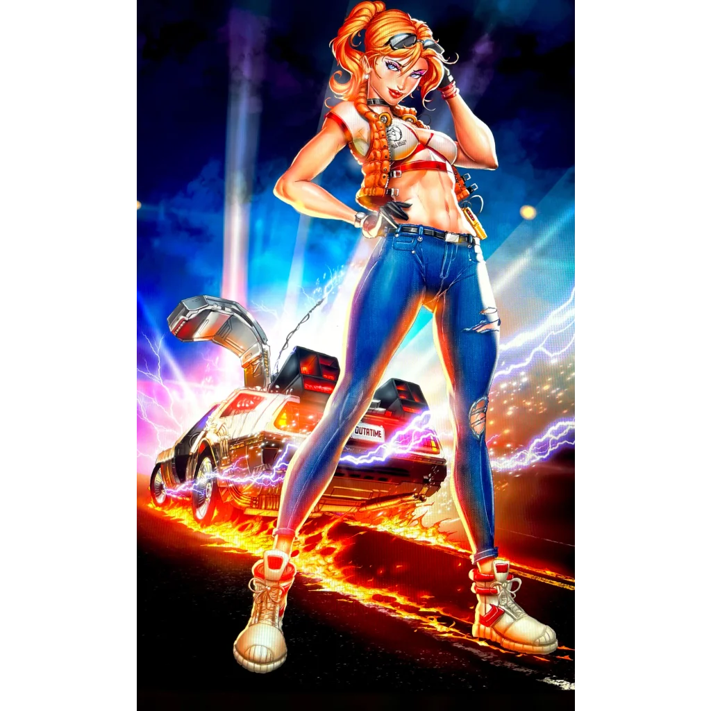 Anime girl with orange hair by DeLorean in brushed aluminum print