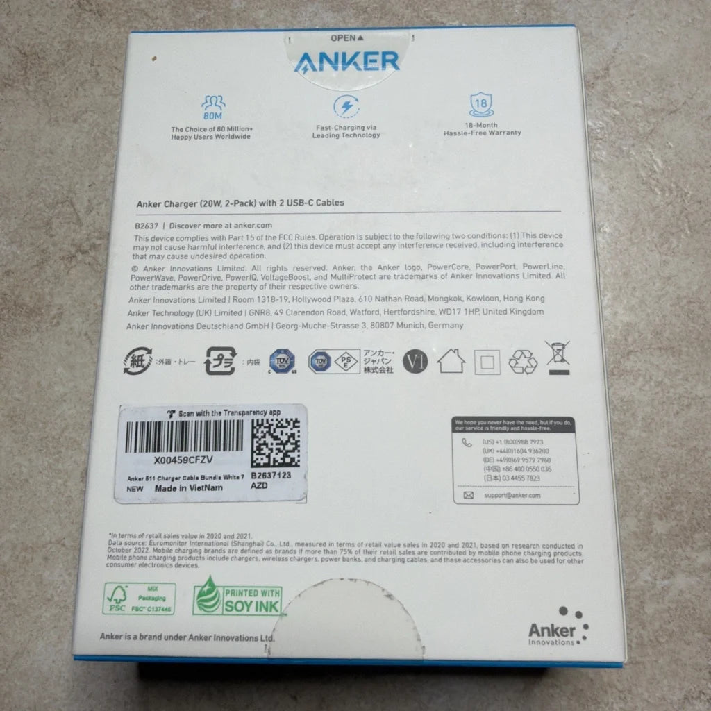 Anker 20W USB-C charger 2-pack with cables in white blue packaging