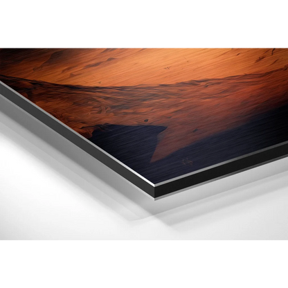 Sleek brushed aluminium dibond desert art print with warm wood grain