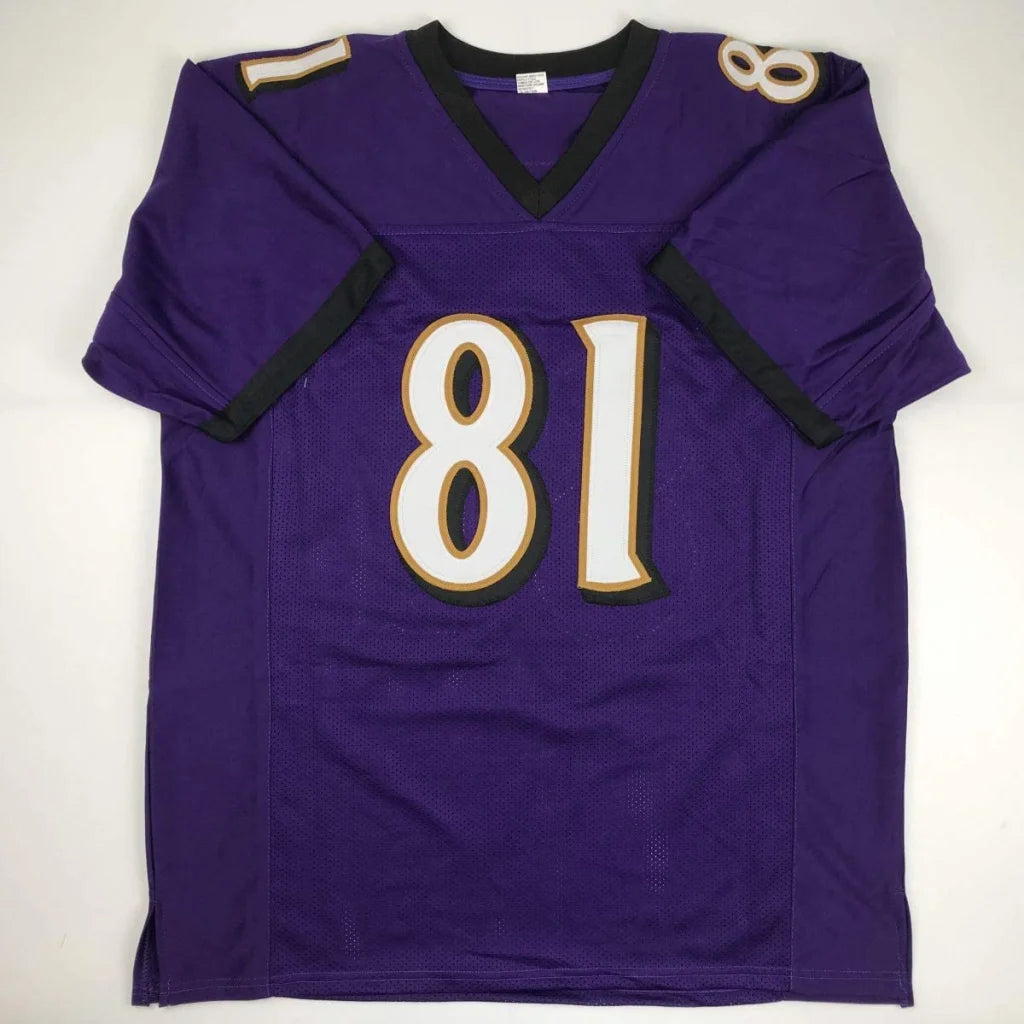 Purple Baltimore Ravens custom jersey with gold and white accents, size large, signed by Anquan Boldin