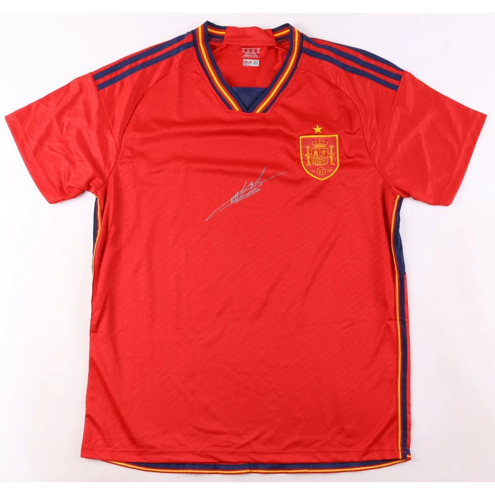 Ansu Fati signed Spain national jersey with red short sleeves and blue accents