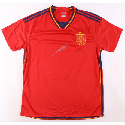 Ansu Fati signed Spain national jersey with red short sleeves and blue accents